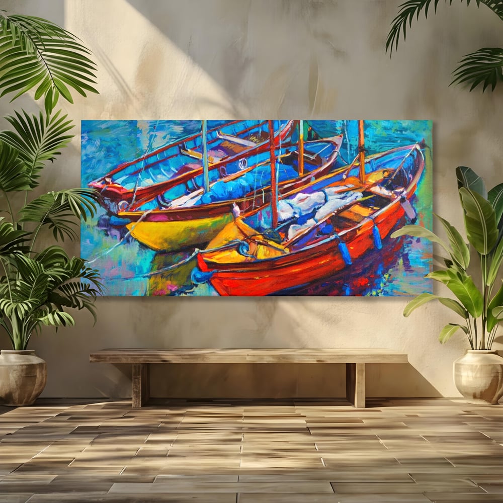 Tablou canvas cu tablou canvas cu barci in port, fara rama, pe sasiu de lemn